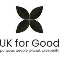 Logo of UK for Good with a black flower-like symbol on a white background